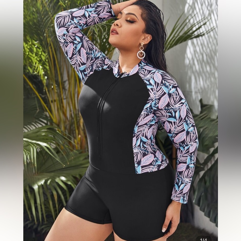 SHEIN Black and Pink Leaf Print One Piece Swimsuit